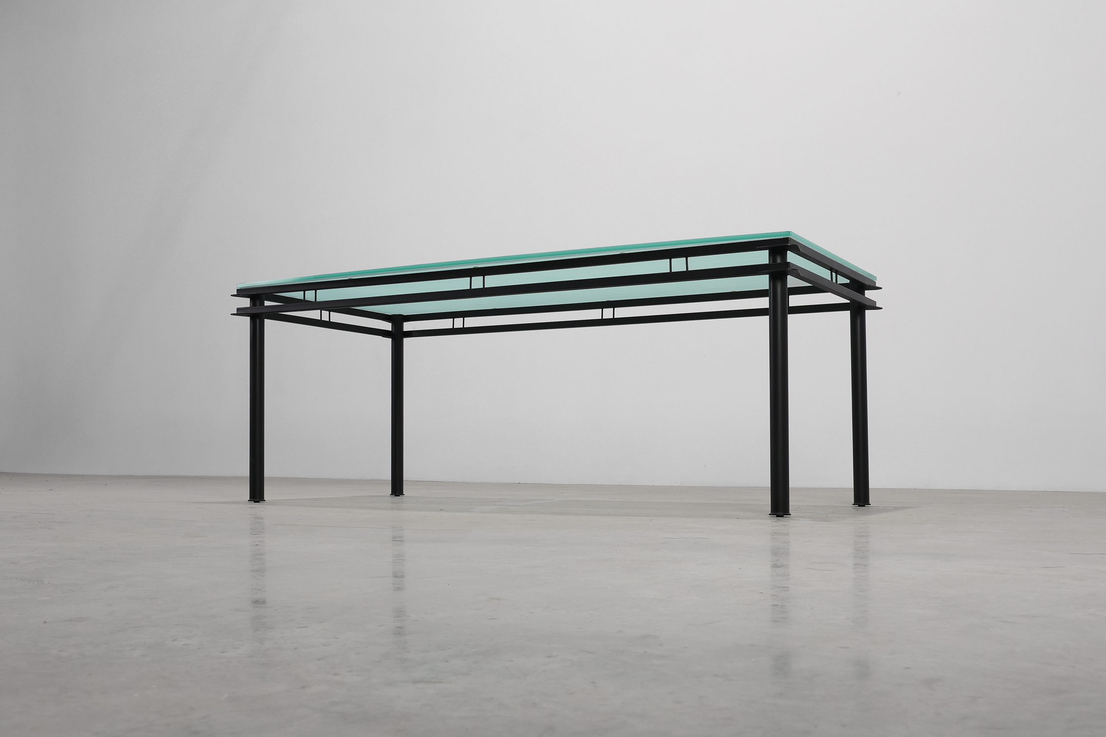 Modernist Dining Table with Black Metal Base and Glass Top, Belgium 1980sthumbnail